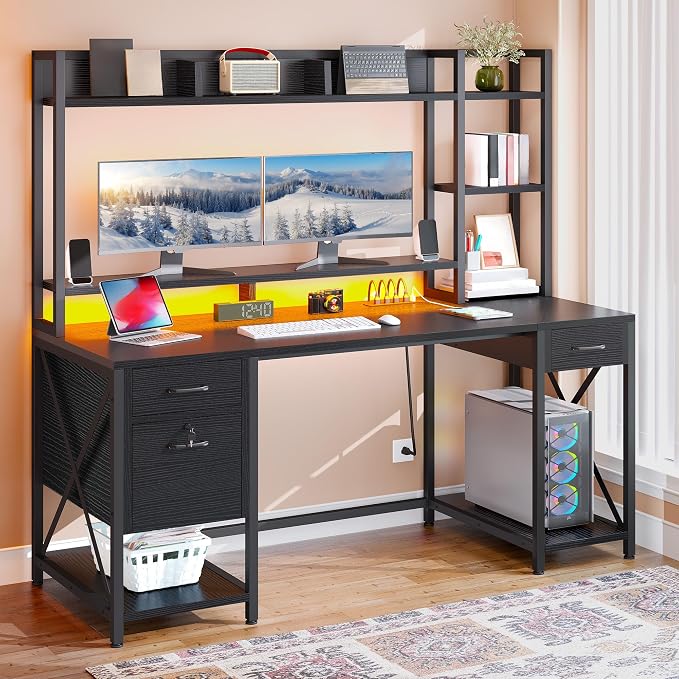 YITAHOME Computer Desk with Drawers & Hutch, 59.1" Office Desk with LED Lights & Power Outlets, Gaming Desk with Monitor Stand & Storage Shelves, Black