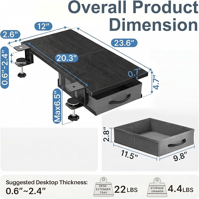 Desk Extender Tray, 24" x 12" Clamp On Desk Extension Shelf with Drawer | Desk Extension Ergonomics Keyboard Extender Tray, Table Desk Armrest Support for Office Home Workstation Organizer, Black