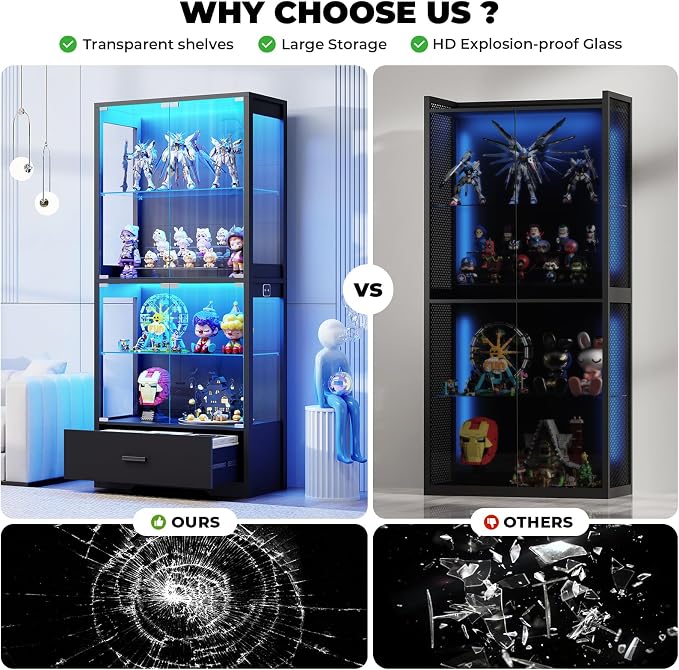BROTTAR 4-Tier Display Cabinet with Glass Doors and Drawer for Collectibles | Glass Display Case with 3-Color Lights & Human Body Sensor, Curio Cabinets with Adjustable Shelves for Living Room, Black