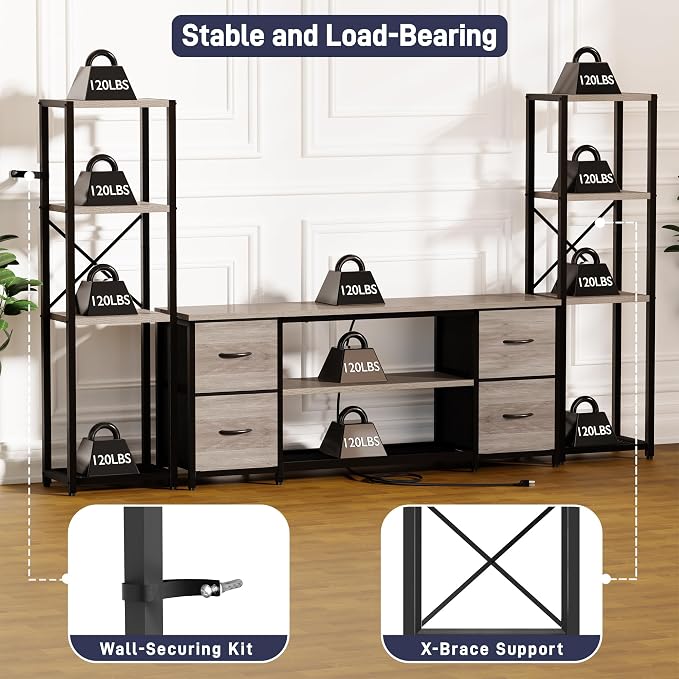 Yenlure LED TV Stand Bookshelf Combo with Charging Station for 65 60 55 Inch TV, Entertainment Center with Lights & Drawers, Industrial Media TV Console Table for Living Room Bedroom Office, Greige