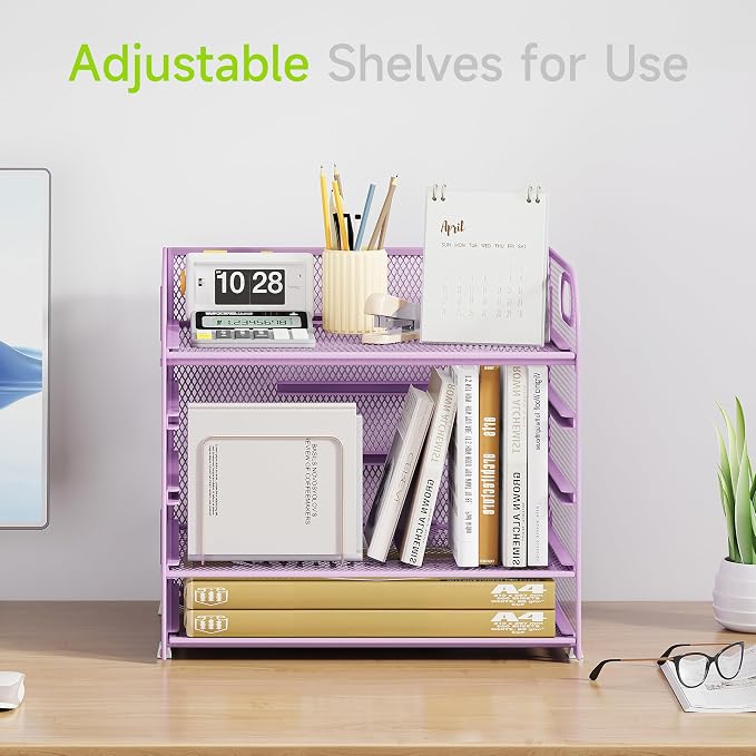 Cawukege 2 Pack 5 Tier Paper Organizer, Letter Tray with Handle, Mesh Desk Organizer, Metal File Organizer, Office Desk Accessories for Home, Office, Classroom, School -Purple