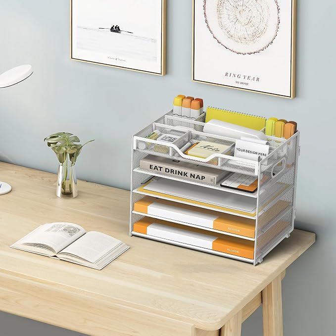 5 Tier Paper Letter Tray Desk Organizer with Pen Holders - White | Features 3 pen holders and 4 removable dividers.Versatile mesh desktop storage for mail, document,office supplie