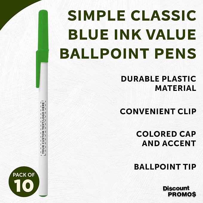 DISCOUNT PROMOS Custom Value Stick Pens Set of 10, Personalized Bulk Pack - Blue Ink, Great for Office, School, Business, Tradeshows, Events - Green Cap