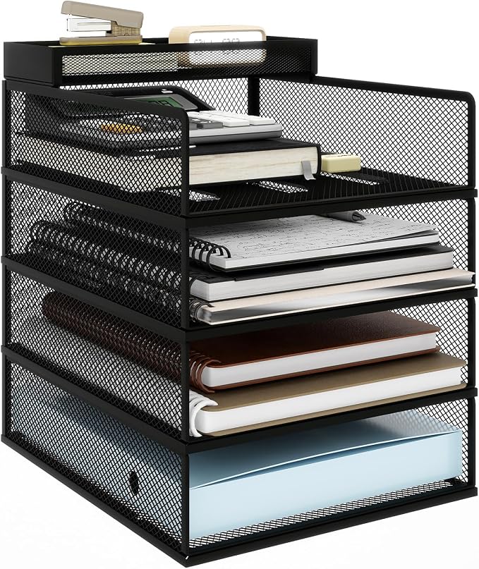 Natwind 4-Tier Stackable Metal Mesh Letter Paper Tray Organizer,Black | Desk Organizer For Paper,Document,Mail Tray For Office Supplies,File Holder For Home Office School Classroom Organization