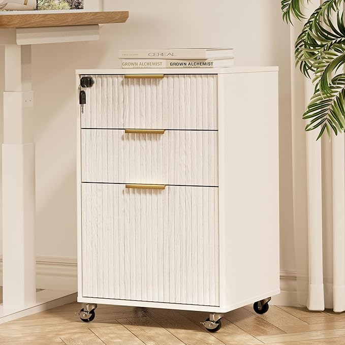 3 Drawers Fluted Mobile File Cabinet with Lock, Rolling File Cabinet Printer Stand Table, Under Desk Wooden Filing Cabinets for Home Office Essentials Storage Organization Furniture Letters/A4(White)