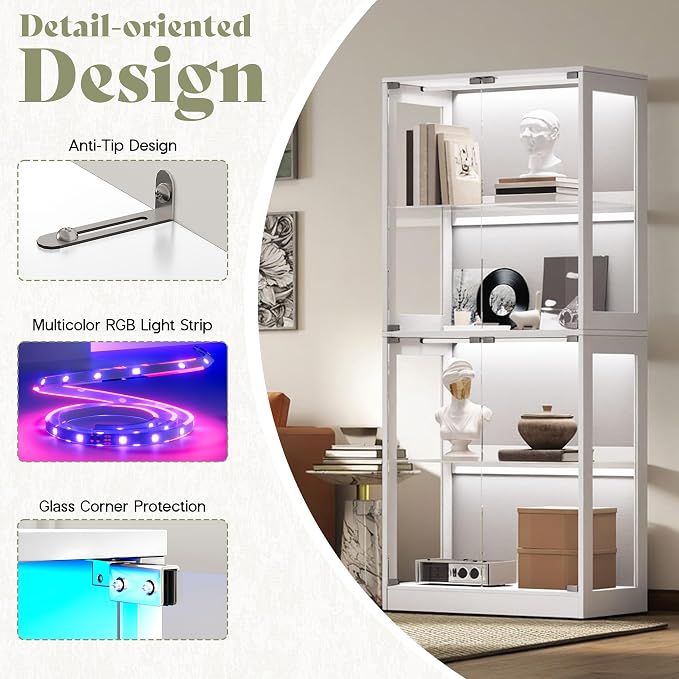 AMERLIFE 32-Inch RGB Display Cabinet with Glass Shelves | 70 H x 32 W x 16 D In, 4-Tier Storage, RGB LED Lights, Press-to-Open Doors, for Collectibles, White
