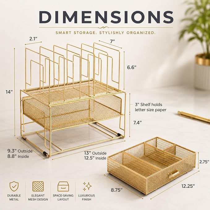 BLU MONACO | Gold Desk Organizer With Drawer | Metal Mesh File Holder & Vertical File Organizer | Desktop Storage for Office Supplies, Papers & Folders | 9.3" D x 13" W x 14" H