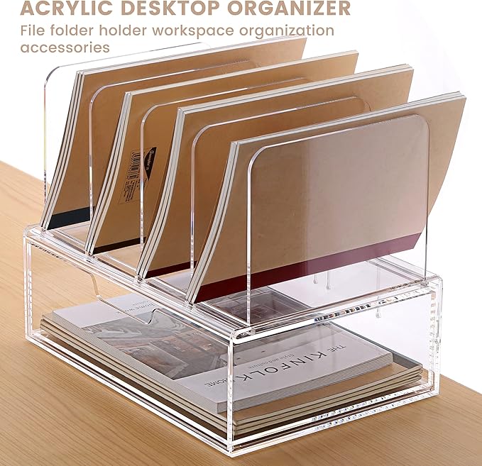 HeZone Desk Organizers and Accessories, Acrylic Desk Organizer with Drawer, Office Supplies Organization Storage, Clear Acrylic File Organizer for Desk - 1 Pack