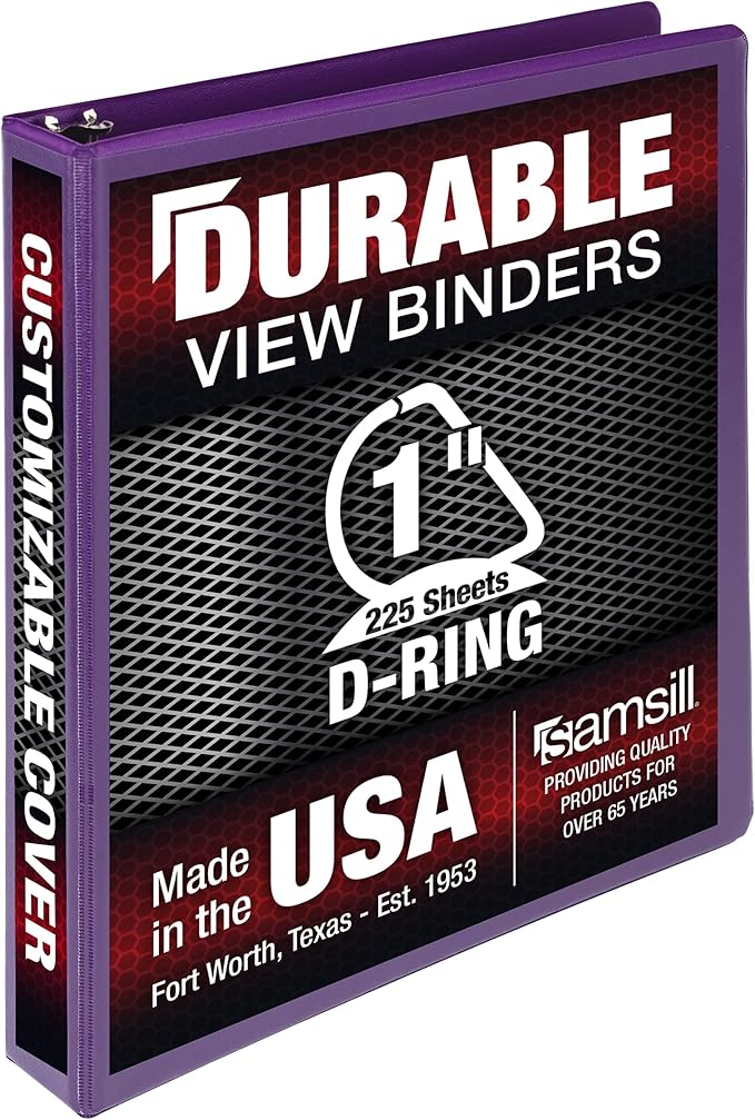 Samsill Durable 1 inch 3 Ring Binder, D Ring Binder, 100% Recycled Chipboard, Purple, 12 Pack
