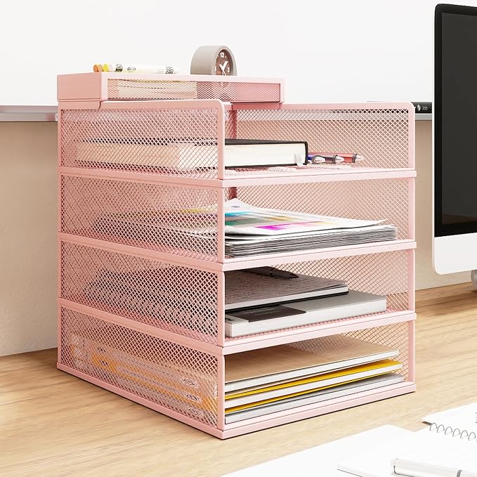 Natwind 4-Tier Stackable Metal Mesh Letter Paper Tray Organizer,Pink | Desk Organizer For Paper,Document,Mail Tray For Office Supplies,File Holder For Home Office School Classroom Organization