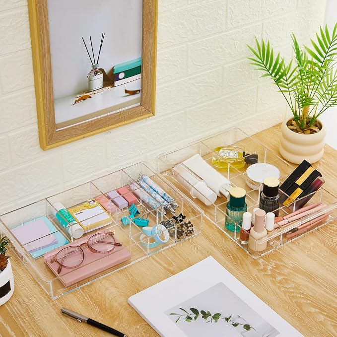Briwooody 3 Pcs Clear Acrylic Desk Drawer Organizer 13.7 x 8.7 x 2 Inch Drawer Organizer Trays with 8 Compartments Desk Accessories for Office Makeup Silverware Bathroom