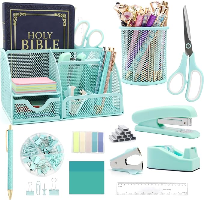 12 in 1 Green Desk Organizers & Accessories Set for Office & Home & School | Teal Green Office Supplies for Coworkers Students, Include Stapler, Pen Holder, Tape Holder, Scissors, Ruler, Staple Remover