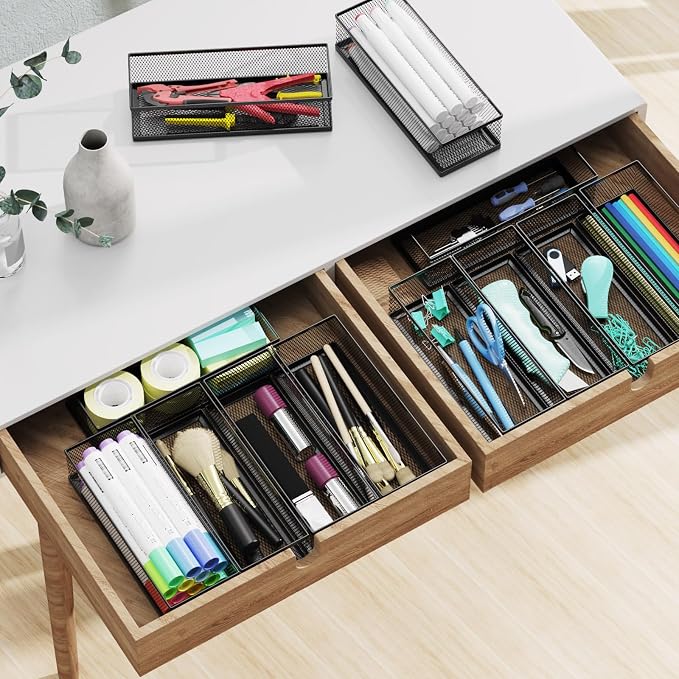 2 Pack Drawer Organizer for Desk, Small Office Supplies Pen Pencil holder, Metal Mesh Desktop Storage Trays for Office, Kitchen, Makeup, Vanity