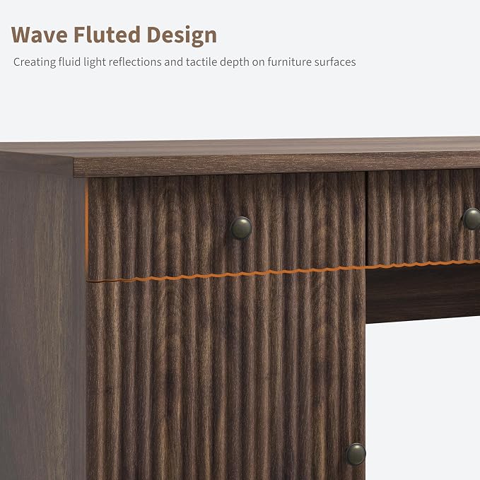 Garvee 60" Office Desk with Storage & Drawers for Home Office, Brown | Fluted Wood Executive Desk with File Drawer & Charging Station, Modern Computer Desk with Adjustable Shelves