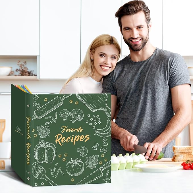 Recipe Binder with Plastic Sleeves, 8.5x11 3 Ring Blank Recipe Book Binder | Premium recipe binder kit with waterproof cover, sleeves, cards, dividers and gift box for preserving recipes-Dark Green.