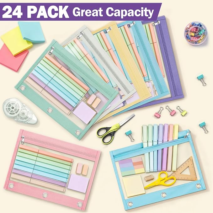 6 Pack Pencil Pouch for 3 Ring Binder, Featuring Colored Zippers & Transparent Windows, Multicolors Fabric Pencil Case Pouch Durable Zipper Pencil Bags in Bulk for Office School Supplies (6 Colors)