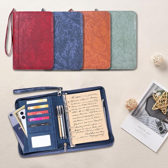 A5 Binder 6 Ring with Zipper, Portable Planner for Travel & Study | Faux leather A5 planner with detachable 6 rings, lined pages, pouches, card slots and pen holder for daily use.