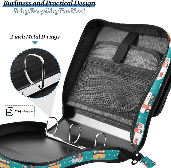 Fisyme Cartoon Camping Trailers Zipper Binder 3 Ring with Zipper and Shoulder Strap Large Capacity Multi-Pocket Zipper Binder Organizer