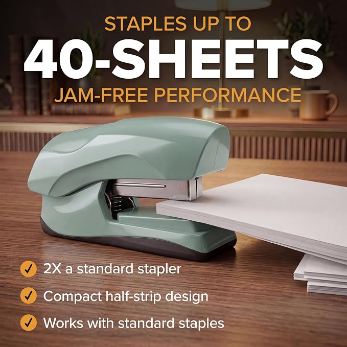 Bostitch Heavy Duty Stapler Value Pack, 40 Sheet Capacity, Sage | Half-strip, flat-clinch design opens fully for tacking bulletin boards; includes a staple remover and 1250 staples.