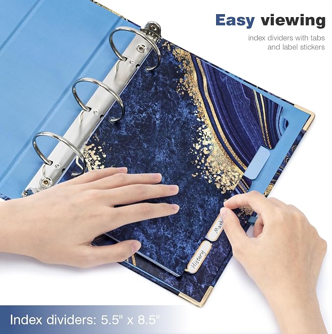 Ospelelf Mini 3-Ring Binder, 2-Inch, Cute for 5.5" x 8.5" with 5 Tab Dividers, File Folder Labels and Low Profile Clipboards, Blue Marble for School and Office