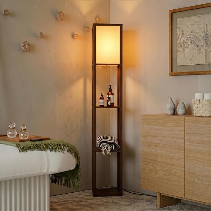 Brightech Maxwell - Modern Shelf Floor Lamp with Lamp Shade & Warm White LED Bulb, Corner Display Floor Lamp with Shelves for Living Room, Bedroom, Nightstand Office, Home Decor Storage - Havana Brown
