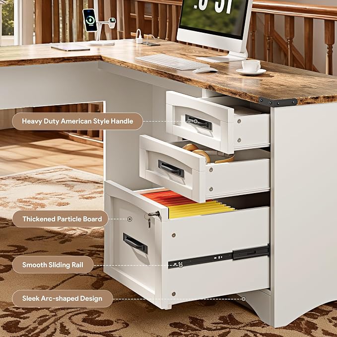 Decofy 67" Farmhouse L Shaped Standing Desk with Drawers Home Office Executive Desks with Fast Charging Station, Lockable File Cabinet, Wood Writing Computer Desk for Work, Study, White