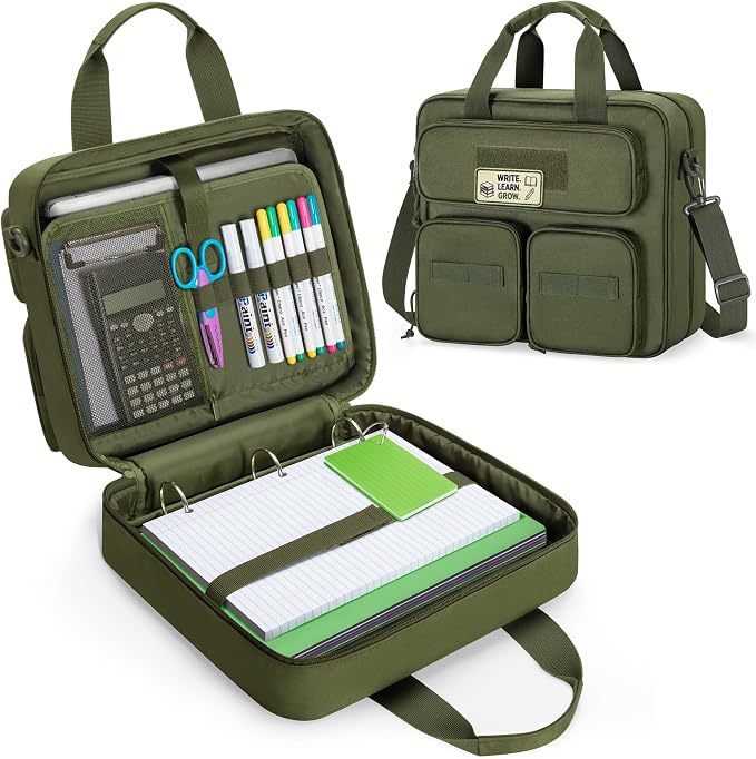 Fasrom Tactical 3 Ring Zipper Binder, 2 Inch Binder Organzier Bag for Men | 2-Inch O-Ring, Holds 500 Sheets, Fits 13-Inch Laptop, 3 Exterior Pockets, Shoulder Strap for Work & Office, Olive Green