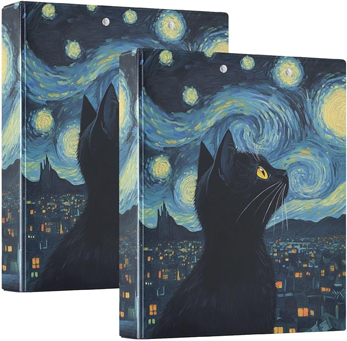 Starry Night Art Black Cat Binder 3 Ring 1.5 Inch Binder with Clipboard&Pockets, Hardcover Binders Heavy Duty Large File Folder for Office School Supplies - Holds 200 Sheets, 2 PC