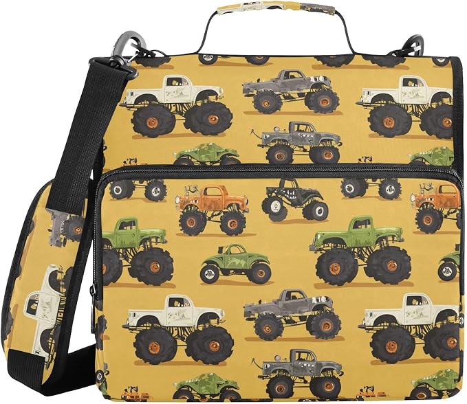 Aslsiy Zipper Binder Bag for Girls Boys Green Monster Trucks Yellow Kids 1.5 inch 3-Ring Binder Organizer with Shoulder Strap for School Office Supplies
