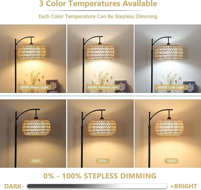 Arc Floor Lamps for Living Room Rattan Boho Floor Lamp with Remote Control,Dimmable LED Floor Lamps Wicker Lamp Shades Black Standing Lamp with 3 Color Temperature Tall Floor Lamp For Bedroom Corner
