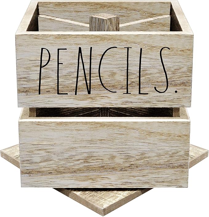 Rae Dunn Pencil Cup - Wooden Pen Holder Desktop Organizer - Small Rustic Wood Desk Top Caddy for Office Accessories and Supplies - Organization for Home, School, Classroom, Work - Square Light Wood