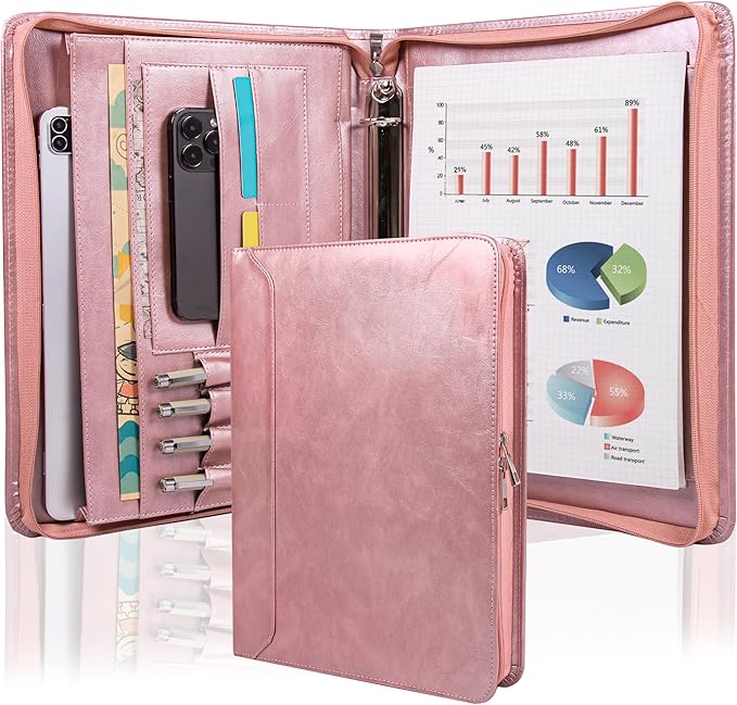 AZXCG Leather Padfolio for Women,3 Ring Portfolio Binder with Zipper,Business Portfolio for Women with A4 Writing Pad Holder, Portfolio Organizer for Business,School,Work