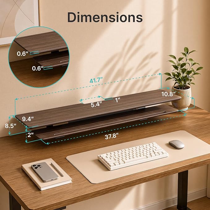 Dual Clamp-On Wooden Monitor Stand, 41.7" 2-Tier Desk Riser Organizer | Monitor Stands Riser for 2 Monitors，Magnetic Back Panel,Fit Computer & Laptops,for Home Office