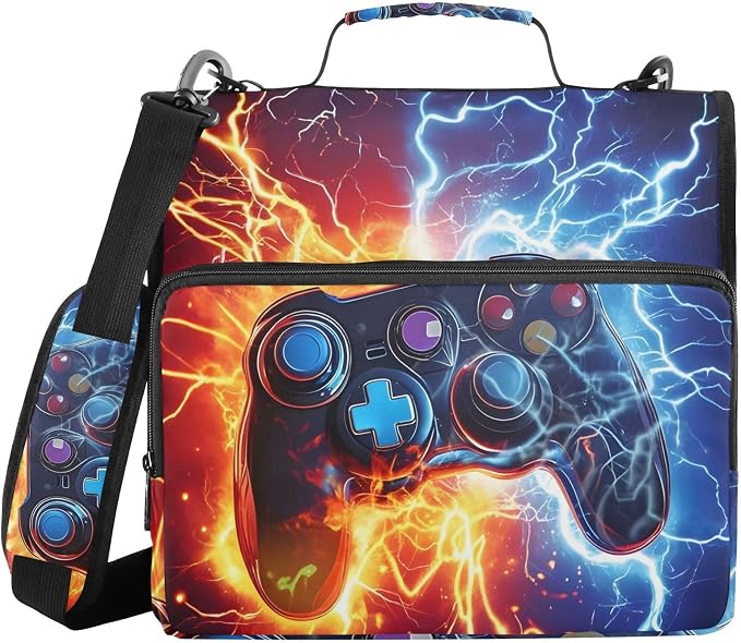 Game Controller Fire Electric Spark Zipper Binder Bag 3 Ring Binder with Shoulder Strap Zip Up 500 Sheets Capacity Multi Pockets for School Office Supplies