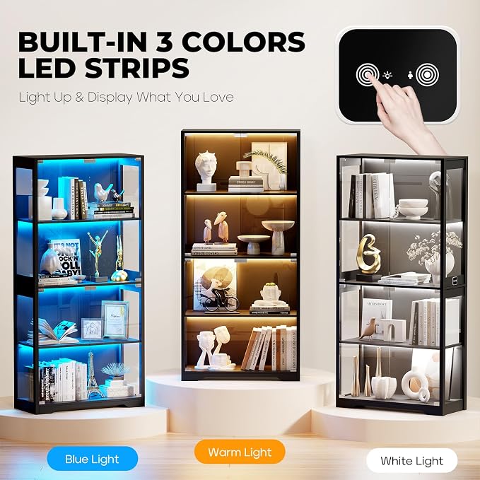 BROTTAR Display Cabinet with Glass Doors, 4-Tier Display Case, Black | Curio Cabinet with 3 Color Lights for Collectibles, Storage Cabinets with Human Body Sensor