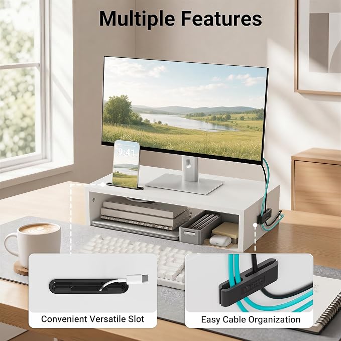 BONTEC Monitor Stand Riser with Cellphone Holder & Cable Management | 16.7 Inch Wood Monitor Riser Stand, Desktop Stand for PC/TV/Laptop/Printer, White