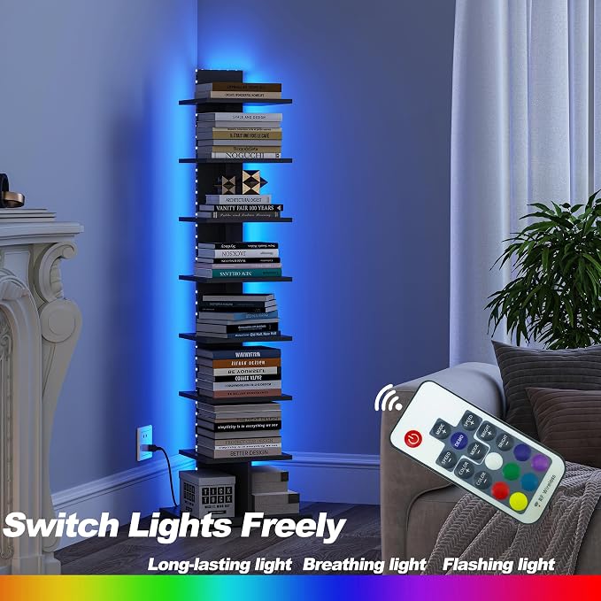 TUTOTAK Book Shelf, Narrow Spine Bookshelf, 8-Tier Bookcase with LED Lights | 10.4 x 13.4 x 47.5 Inches Vertical Freestanding Corner Shelf for Living Room, Office, Small Space, Black BS06BK008L