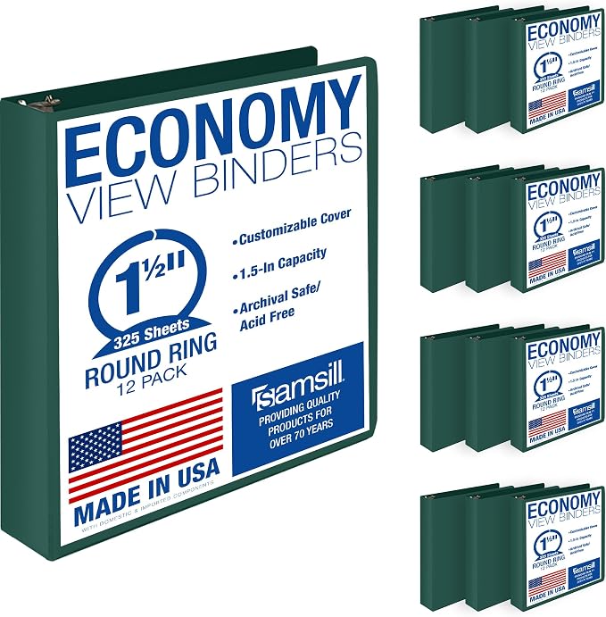 Samsill 1.5 Inch 3 Ring Binders, Economy Round Ring, Clear View Cover, 325 Sheet Capacity - for School, Home, Office - Green, 12 Pack