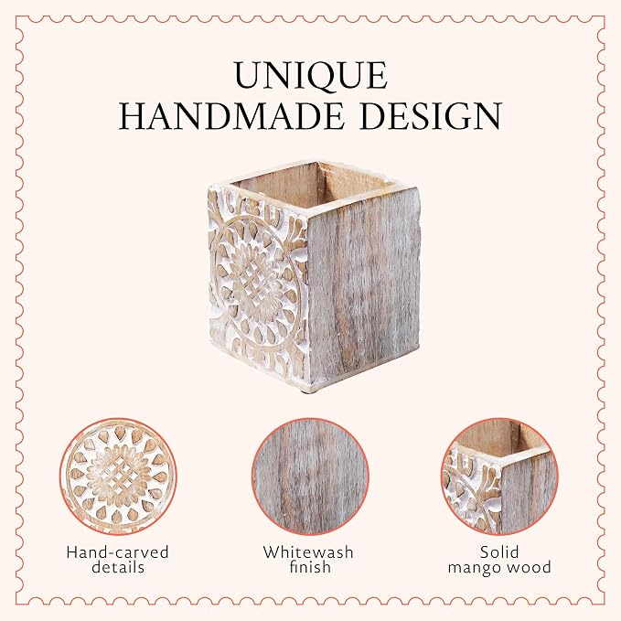 Ajenta Mango Wood Pen Holder - Whitewash | Hand-carved desk organizer pencil cup with felt base, handles pens, pencils, makeup brushes, art supplies and library decor.