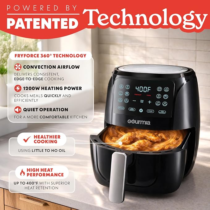 Gourmia Air Fryer - 4 Qt Capacity, FryForce360º, Digital Display with 8 Presets, Roast, Bake, Broil, Dehydrate, Dishwasher Safe Accessories, Compact, Black
