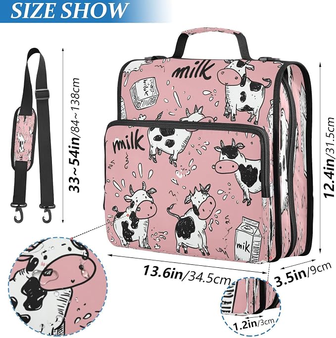 ATTX Cute Cartoon Cows Zipper Binder with Adjustable Padded Strap - 3 Ring 500 Sheet Capacity Binder Bag with Multi-Pocket Organizer, Fits 12 Inch Laptop