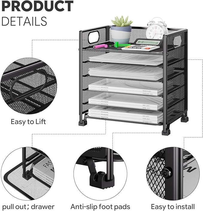 Simple Trending 6-Tier Paper Tray Organizer, File Organizer for Desk, Black | Letter Tray Holder with Handle. Sturdy Metal Frame. Non-slip Feet. Black for Office Home School. 13"L x 8.75"W x 14.6"H
