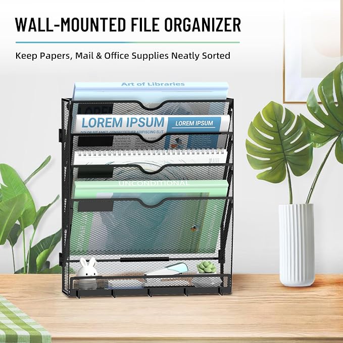 5-Tier Wall File Organizer with 5 Hooks, Wall Mounted Mail Organizer | File Holder Organizer, Metal Mesh Office Wall Organizer for Home, School & Classroom