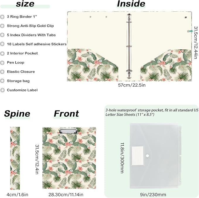 3 Ring Binder 1 inch with Clipboard - Tropical Palm Leaf Design, Includes Dividers, File Bag & Spine Label - Perfect for School, Office, and Organization, Holographic Waterproof Film