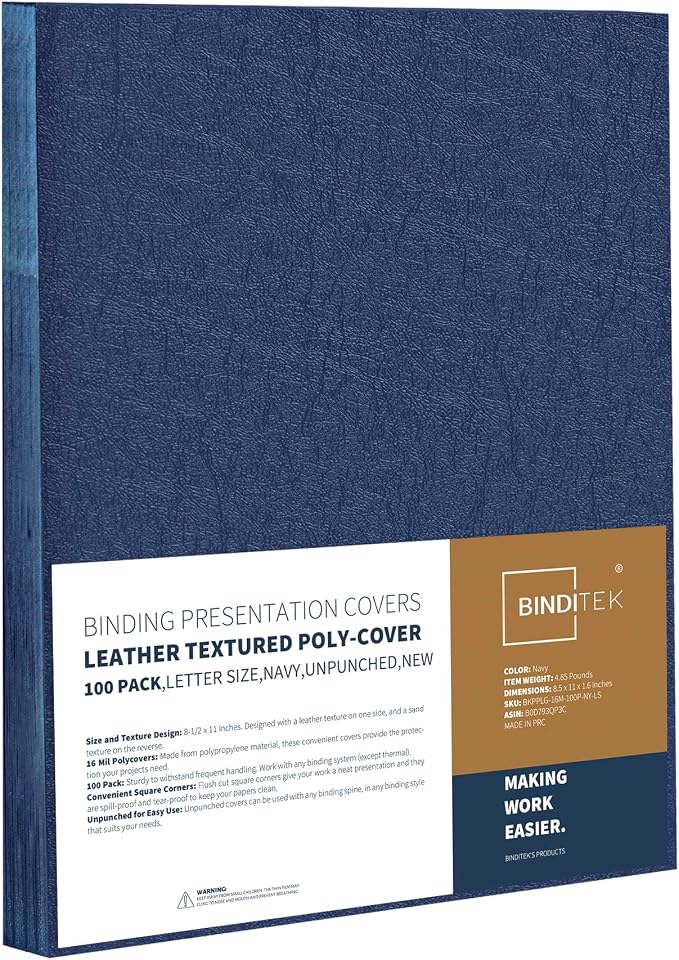 Binditek 16 Mil Leather-Textured Polycovers, 8.5x11 Inches, Navy, 100 Pack | Leather-Textured Binding Covers, 8.5x11 Inches Letter Size, Plastic Binding Presentation Covers, Square Corners, Unpunched