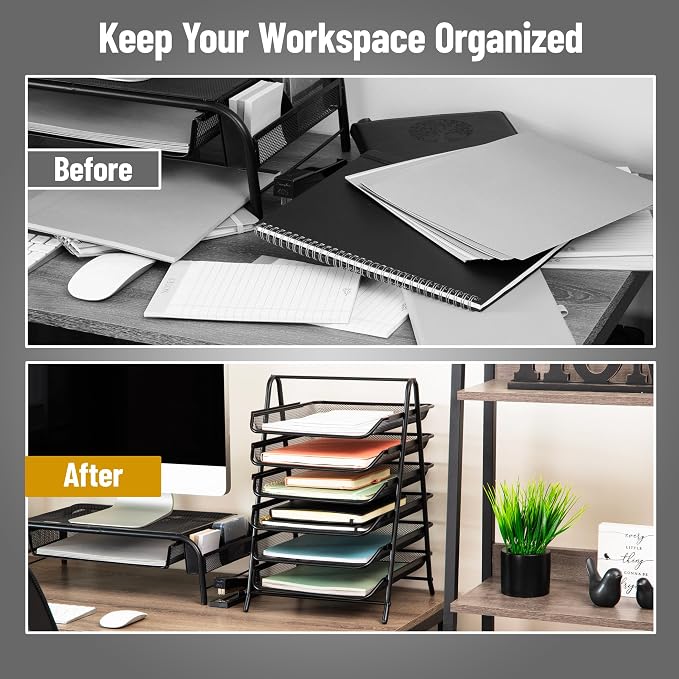 Mind Reader 6-Tier Paper Tray, Desktop Organizer, File Storage, Office, Metal Mesh, Black