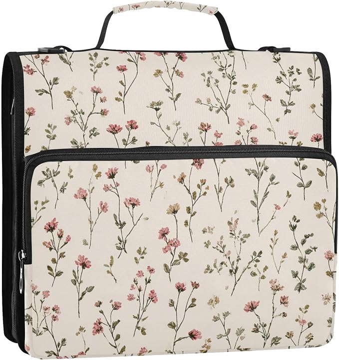 Vintage Wildflorals 3 Ring Zipper Binder with Handle 1.5 inch Binder Organizer, Multi Pockets Office File Folder with Shoulder Strap 500 Sheet Capacity