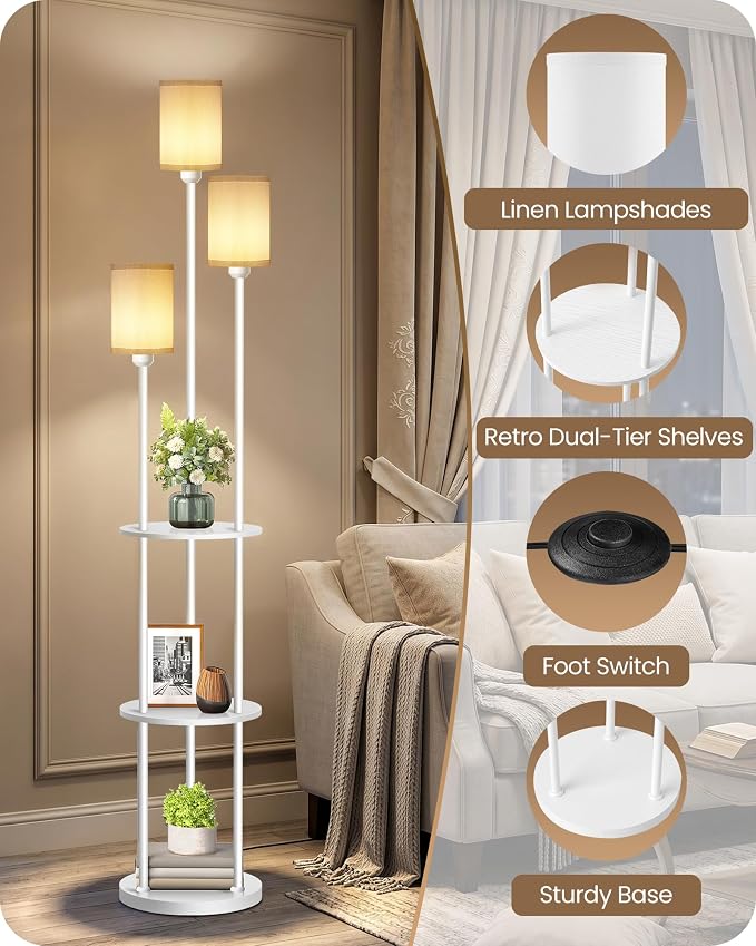 Floor Lamp with Shelves, Modern Floor Lamp with 3 Linen Shades and Foot Switch, 3-Light Standing Lamp, for Living Room, Bedroom, Study, Office, White W53LD05