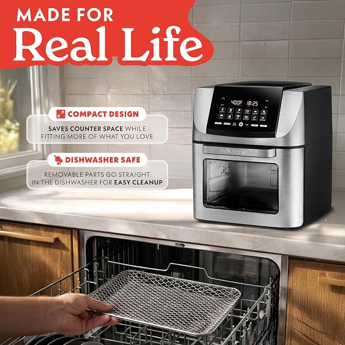 Gourmia Air Fryer - 14 Qt All-in-One Rotisserie Oven with Digital Display, 12 Presets, Roast, Bake, Broil, Dehydrate, Dishwasher Safe Accessories, Stainless Steel