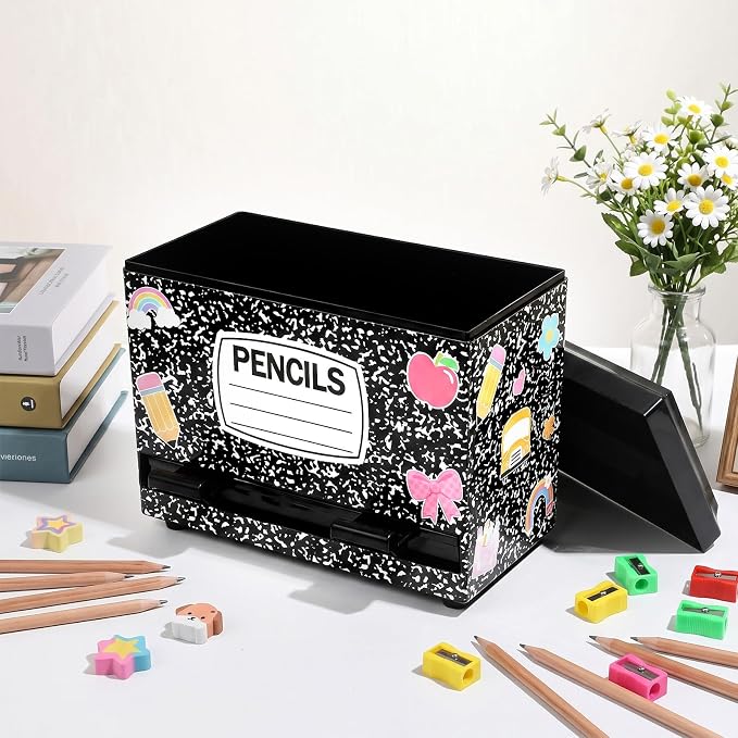 Composition Pencil Dispenser for Classroom Back to School Decorations Composition Notebook Pencil Dispenser Holder with Lid for Teacher Student Classroom Home Office Middle Preschool Gift Supplies